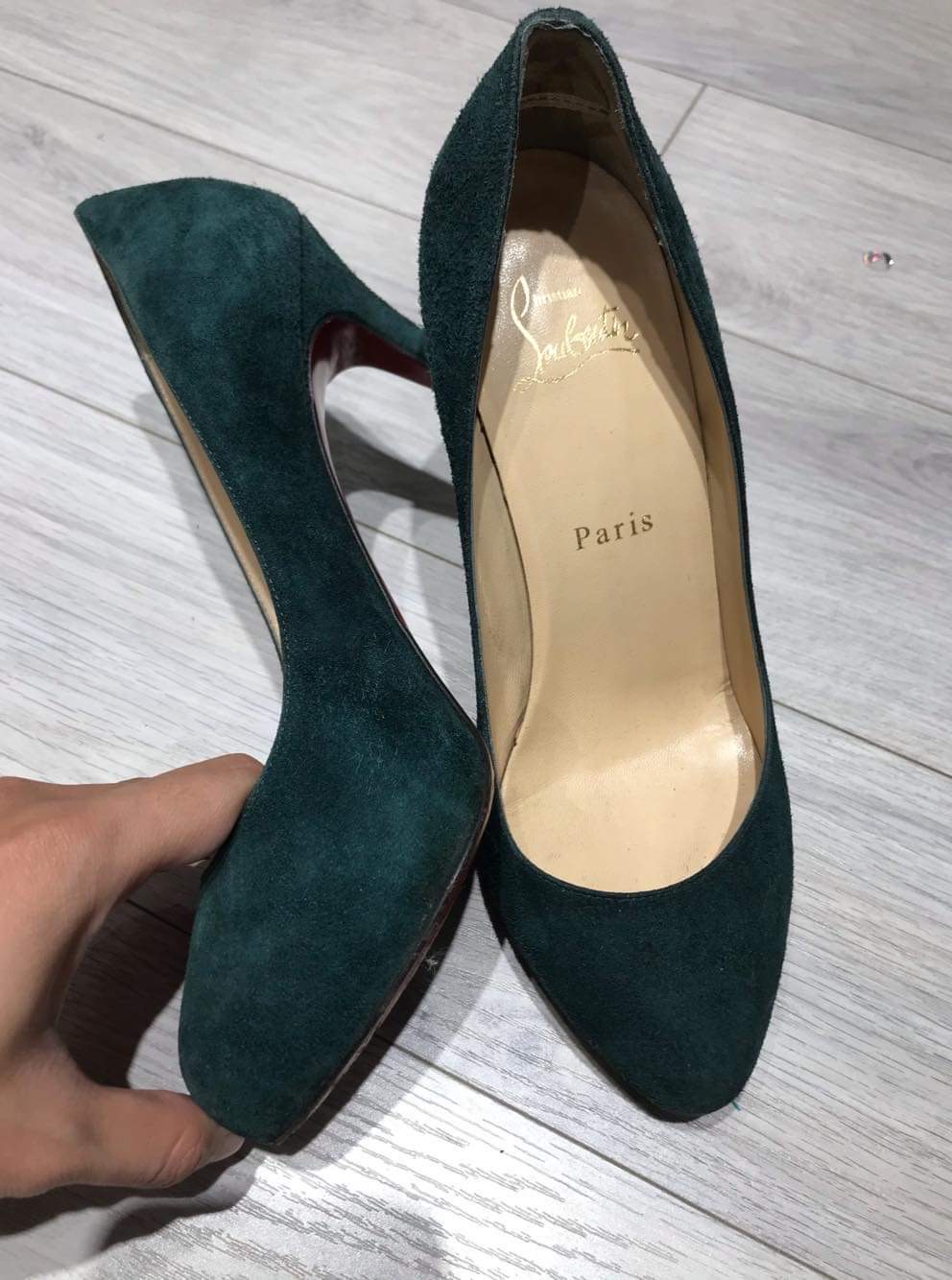 Christian Louboutin green suede leather heels RE.LOVED Sustainable Fashion Buy Sell Relove your dressing