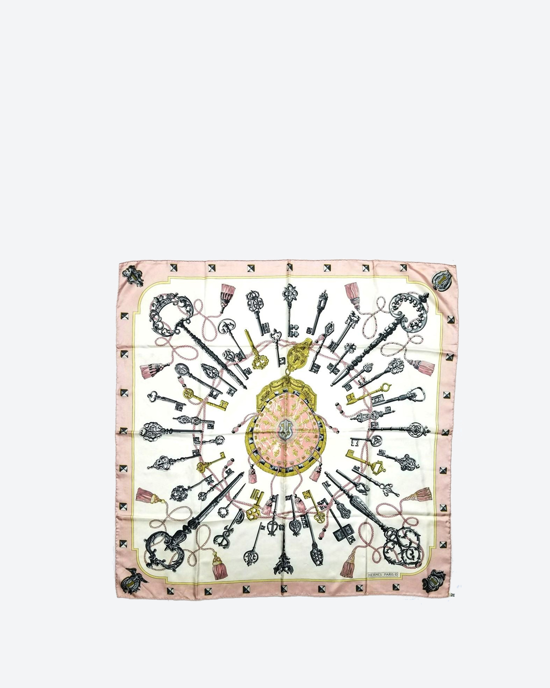 Hermes Carré Les Clefs pink edging scarf
